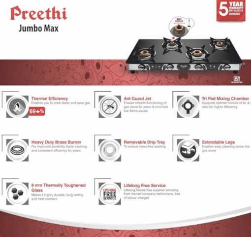 Preethi Blu-Flame Stainless Steel Jumbo Max Glass Top LPG Gas Stove with 4 Burner (Multicolour) (ISI Certified), Standard, GTS 118 - Image 5